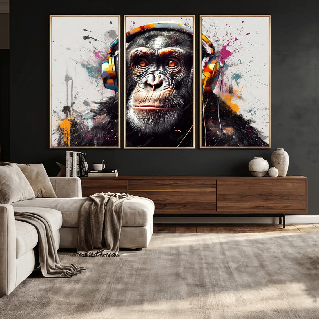 DJ Monkey Wall Art Canvas Print | Colorful Pop Art, Banksy Style Graffiti Chimpanzee