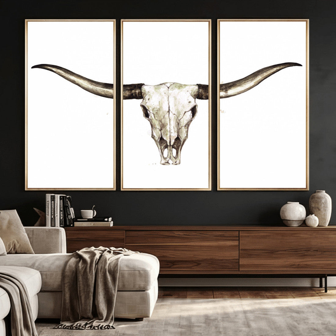 Longhorn Skull Wall Art Canvas Print, Rustic Western Decor, Framed and Ready to Hang