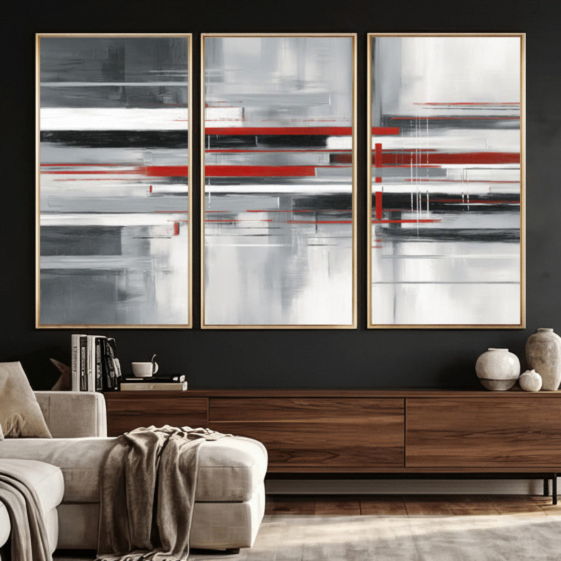62640681-MGV-CV-36X24 - Gray Red Abstract Wall Art Canvas Print, Modern Abstract Canvas Wall Decor for Contemporary Living Room and Office