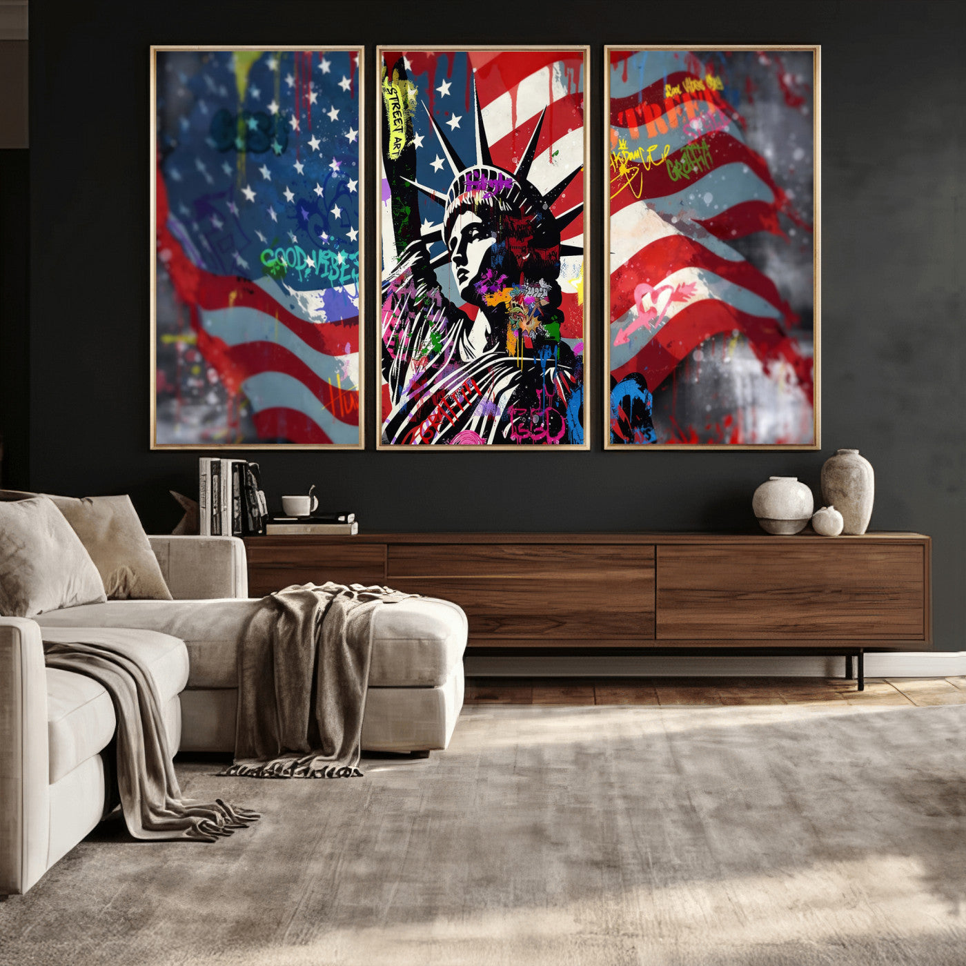 32151941-MGV-CV-36X24 - USA Statue of Liberty Graffiti Street Art Wall Art Canvas Print, American Flag Urban Pop Art Canvas Print, Modern Patriotic Street Art Contemporary Art Printing