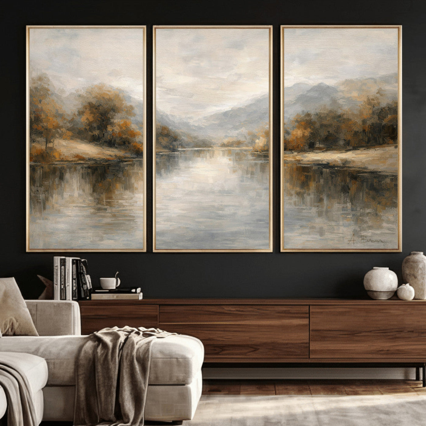 29251761-MGV-CV-36X24 - Neutral Abstract River Landscape Wall Art Canvas Print, Modern Minimal Nature Reflection Canvas Print, Beige Gray Contemporary Mountain Art Printing