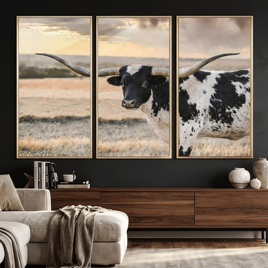 49350433-MGV-CV-36X24 - Texas Longhorn Bull Rustic Wall Art Canvas Print, Western Cattle Photography Canvas Print, Ranch Farm Animal Western Art Printing