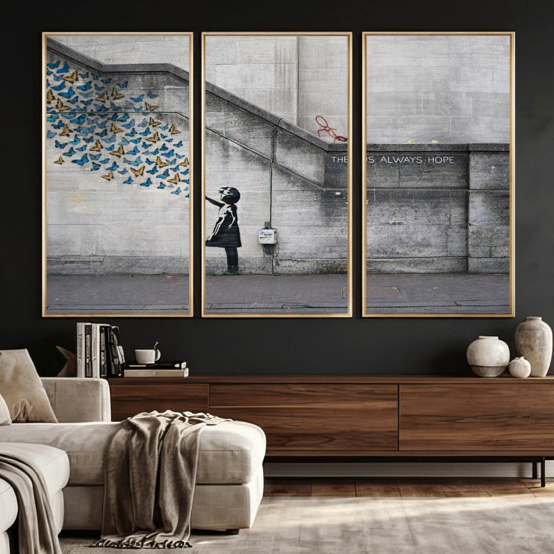 15274223-MGV-CV-36X24 - Banksy Girl with Butterflies Street Art Wall Art Canvas Print, Hope Graffiti Urban Art Canvas Print, Minimalist Inspirational Street Art Contemporary Art Printing