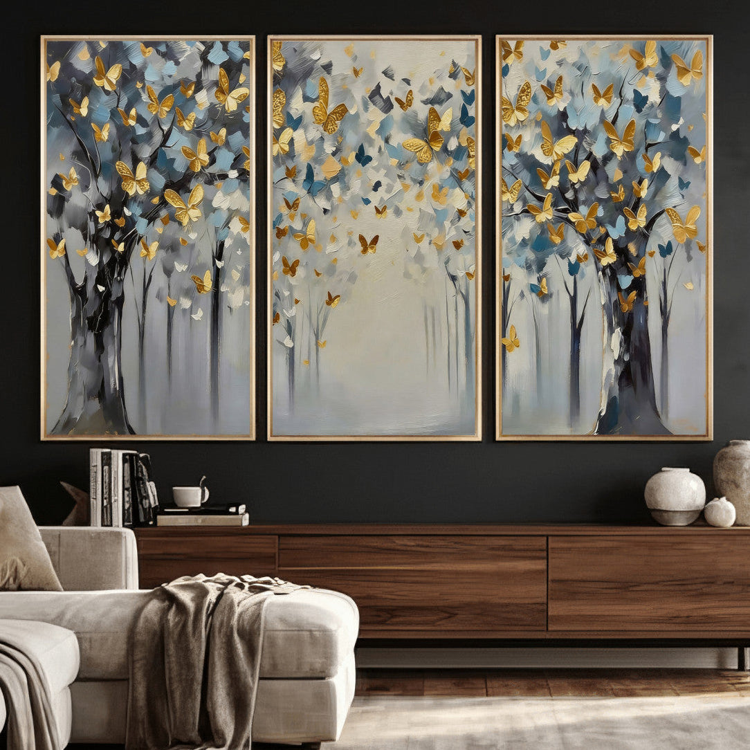 79208191-MGV-CV-36X24 - Golden Butterfly Tree Abstract Wall Art Canvas Print, Modern Elegant Nature Painting Canvas Print, Blue Gold Contemporary Floral Art Printing