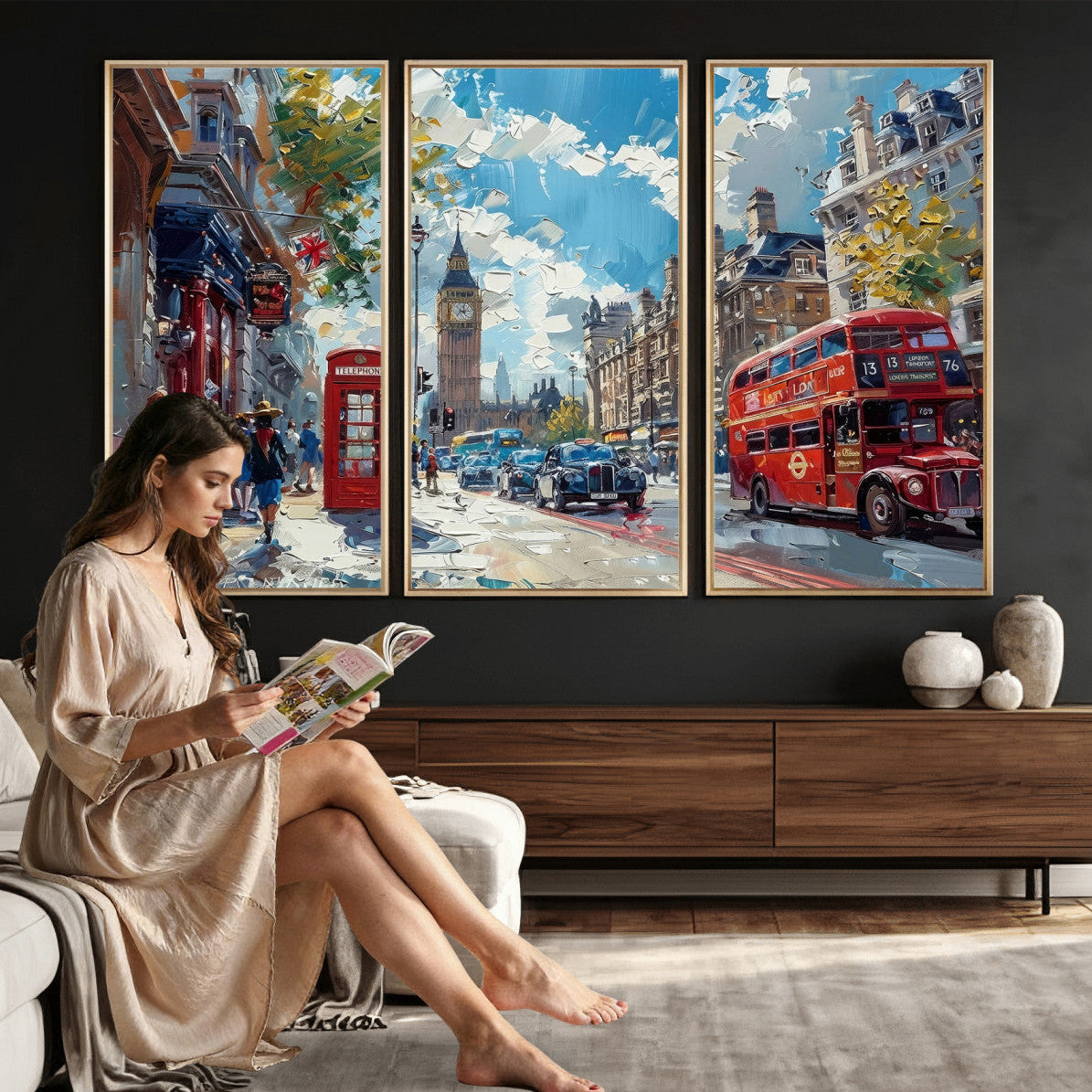 17630888-MGV-CV-36X24 - London Street Canvas Wall Art — Big Ben Red Bus Print | Oil Painting Style | UK City Wall Decor | Travel Art Gift | Living Room Print