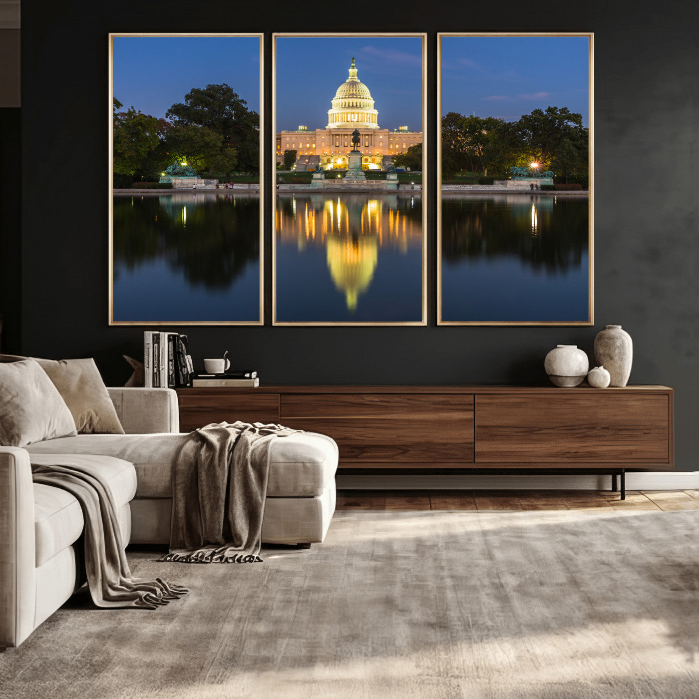 95568590-MGV-CV-36X24 - US Capitol Building Wall Art Canvas Print – Washington DC Landmark Night Reflection Artwork for Office Decor