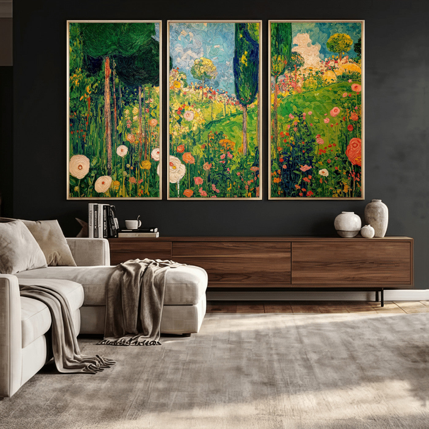 83517974-MGV-CV-36X24 - Gustav Klimt Boho Mountain Landscape Large Wall Art, Horizontal Gold Framed Canvas Print with Sun and Flowers