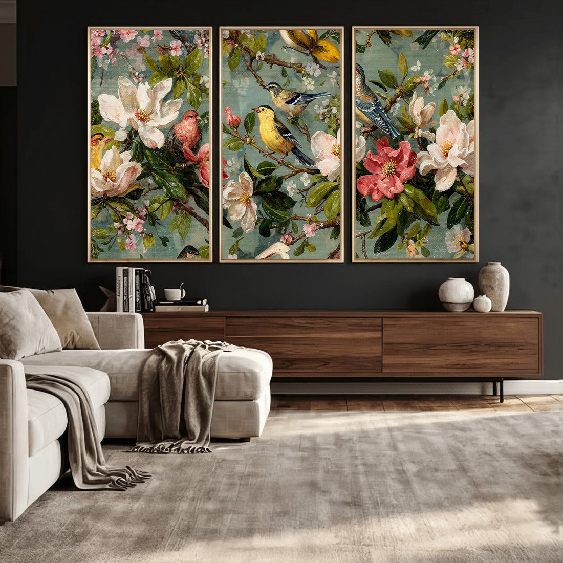 Vintage Birds and Flowers Wide Wall Art, Extra Large Panoramic Botanical Print