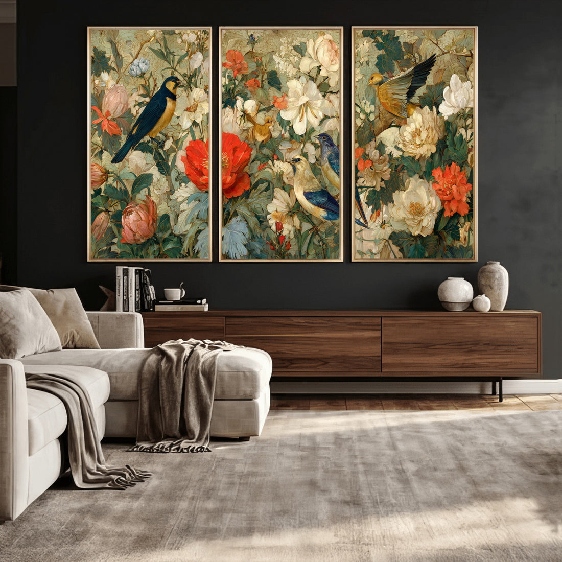 Vintage Birds and Flowers Wall Art Canvas Print, Botanical Bird Art
