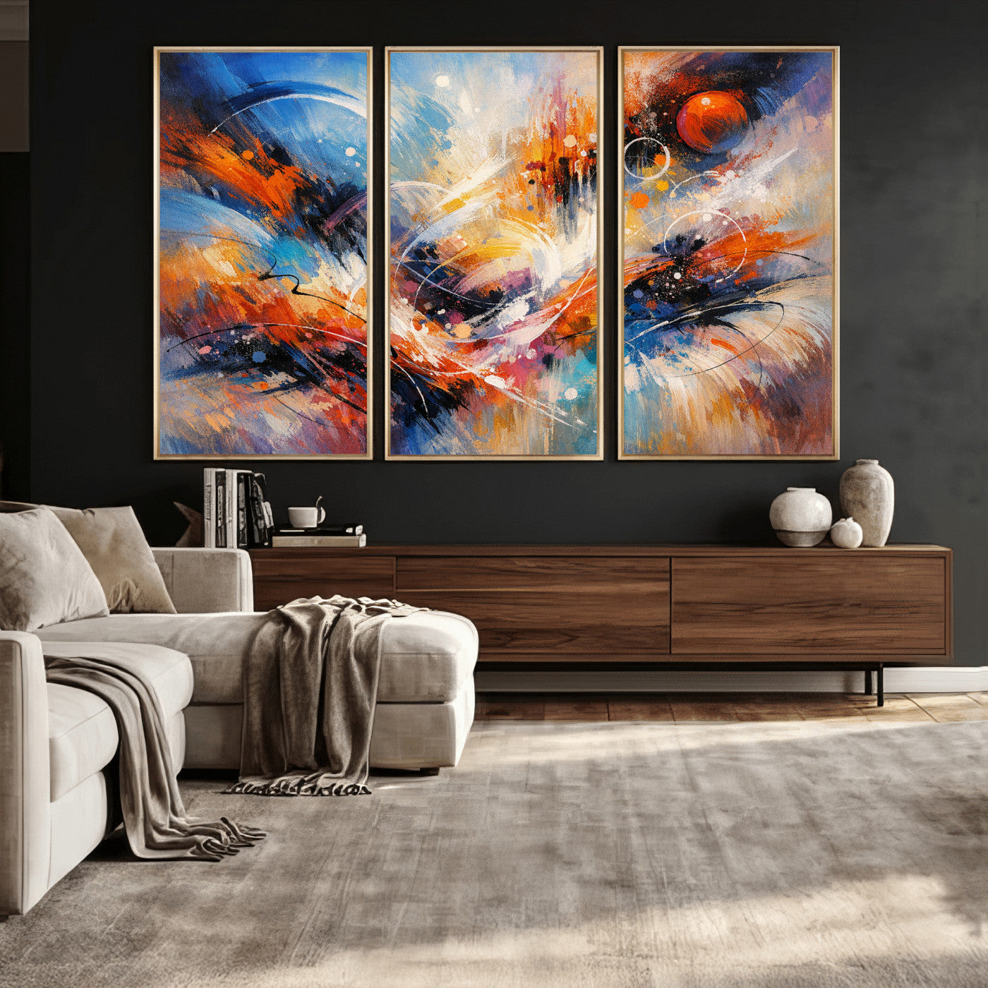 47770355-MGV-CV-36X24 - Geometric Abstract Wall Art Canvas Print, Orange Blue Abstract Expressionist Painting Print, Modern Geometric Abstract Canvas Art