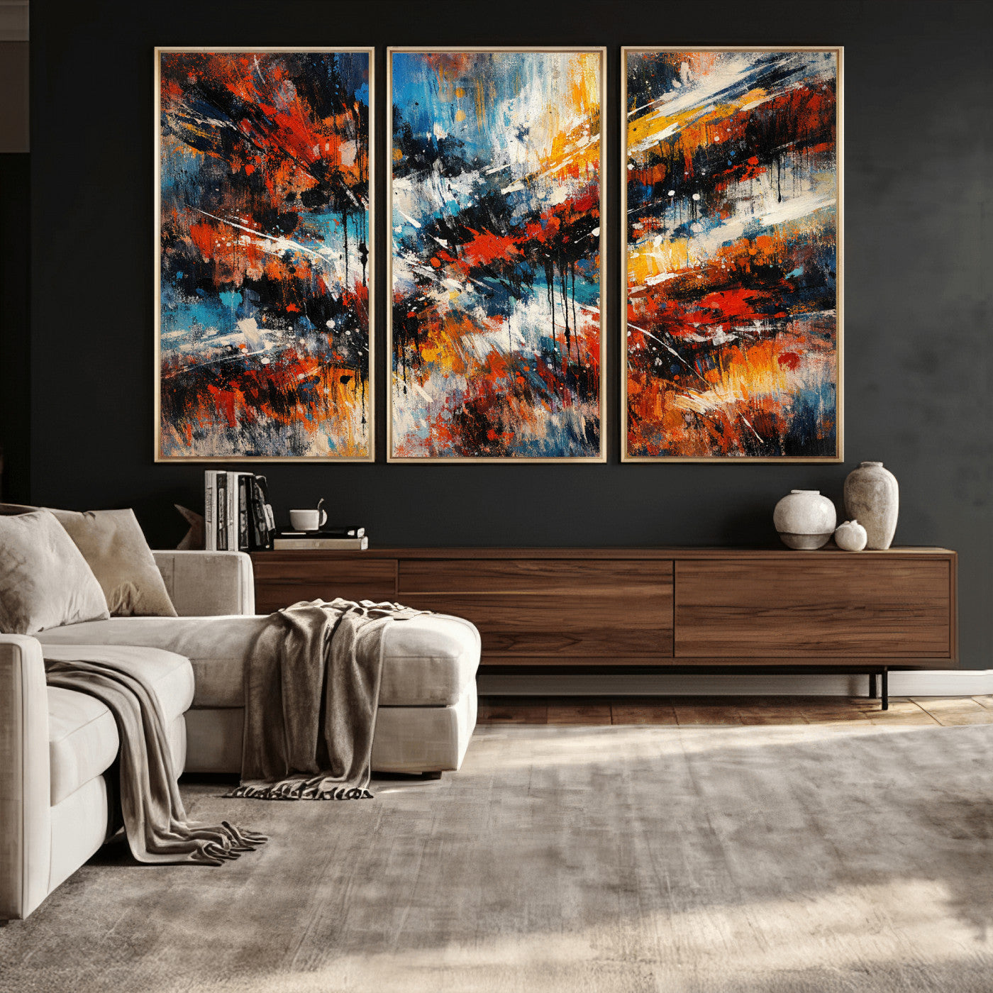80276069-MGV-CV-36X24 - Geometric Abstract Wall Art Canvas Print, Orange Blue Abstract Expressionist Painting Print, Modern Geometric Abstract Canvas Art