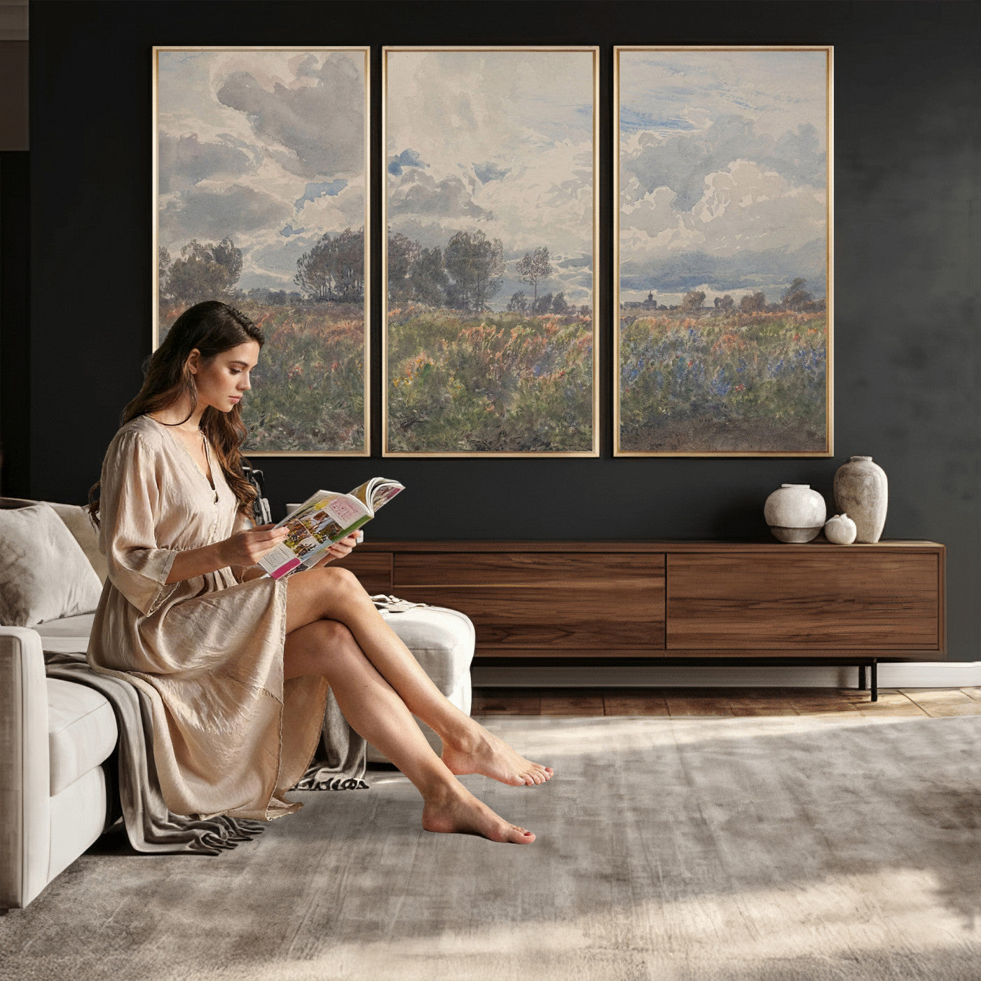 76626885-MGV-CV-36X24 - Vintage Watercolor Meadow Canvas Wall Art — English Pastoral Wildflower Storm Sky Print | Cottagecore Nature Decor | Classic Landscape Gift