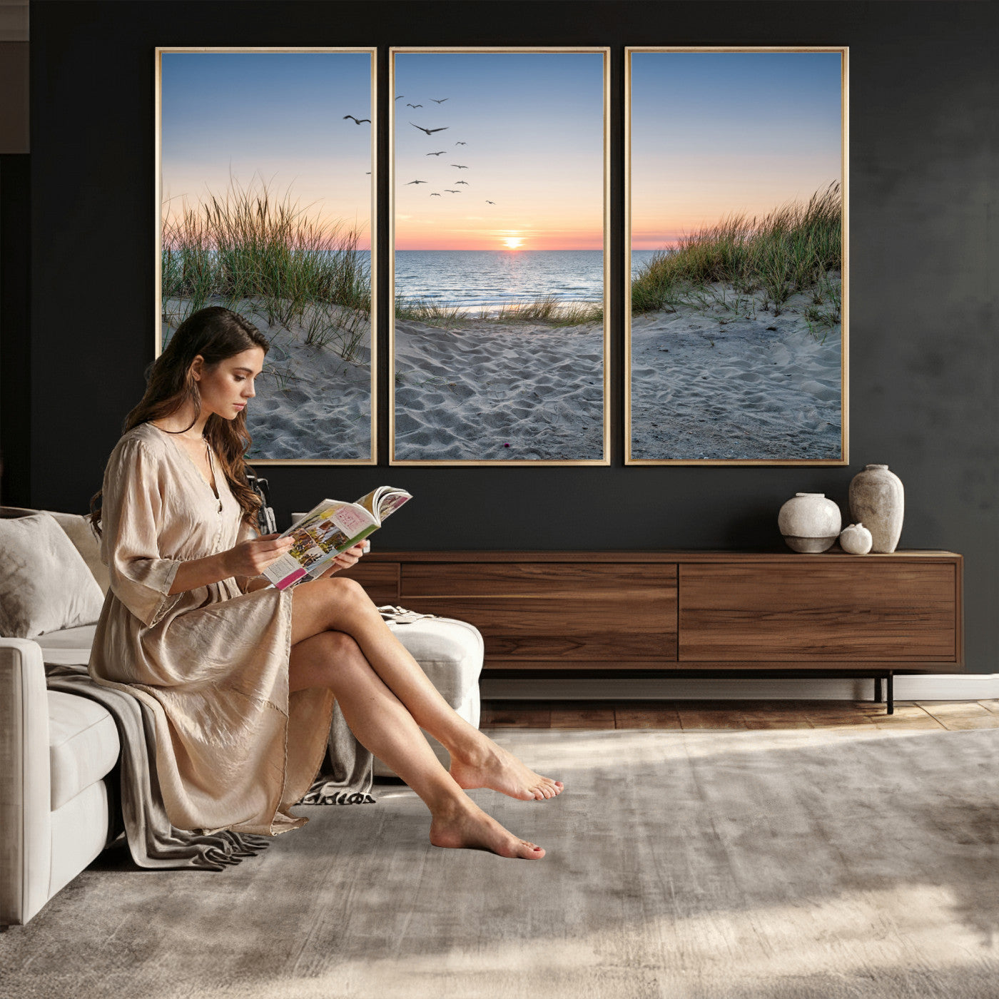 12172032-MGV-CV-36X24 - Sandy Dune Path Sunset Canvas Wall Art — Seagulls Beach Ocean Photography Print | Coastal Home Decor | Nautical Wall Art | Beach House Gift