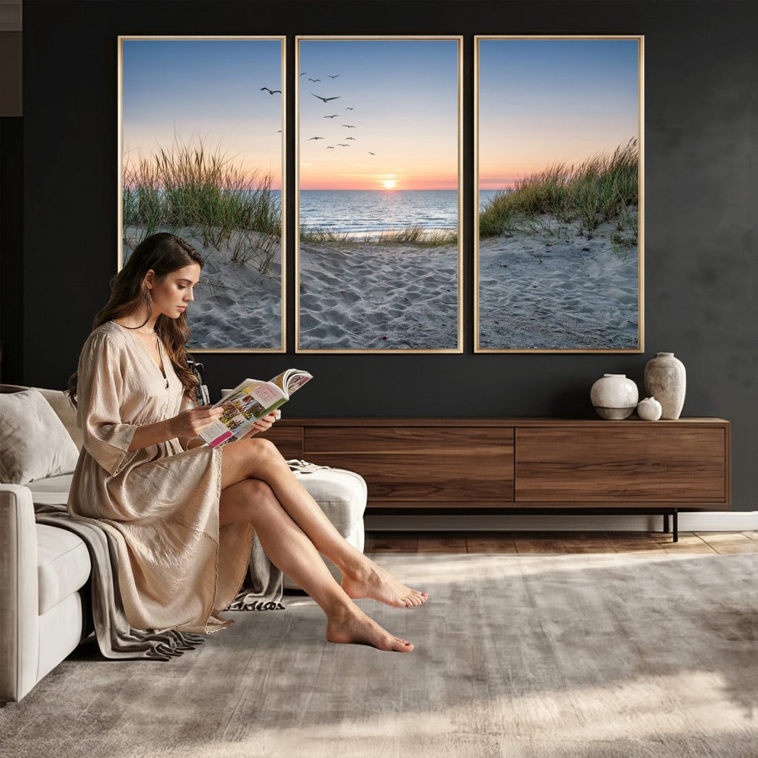 Sandy Dune Path Sunset Canvas Wall Art | Seagulls Beach Photography