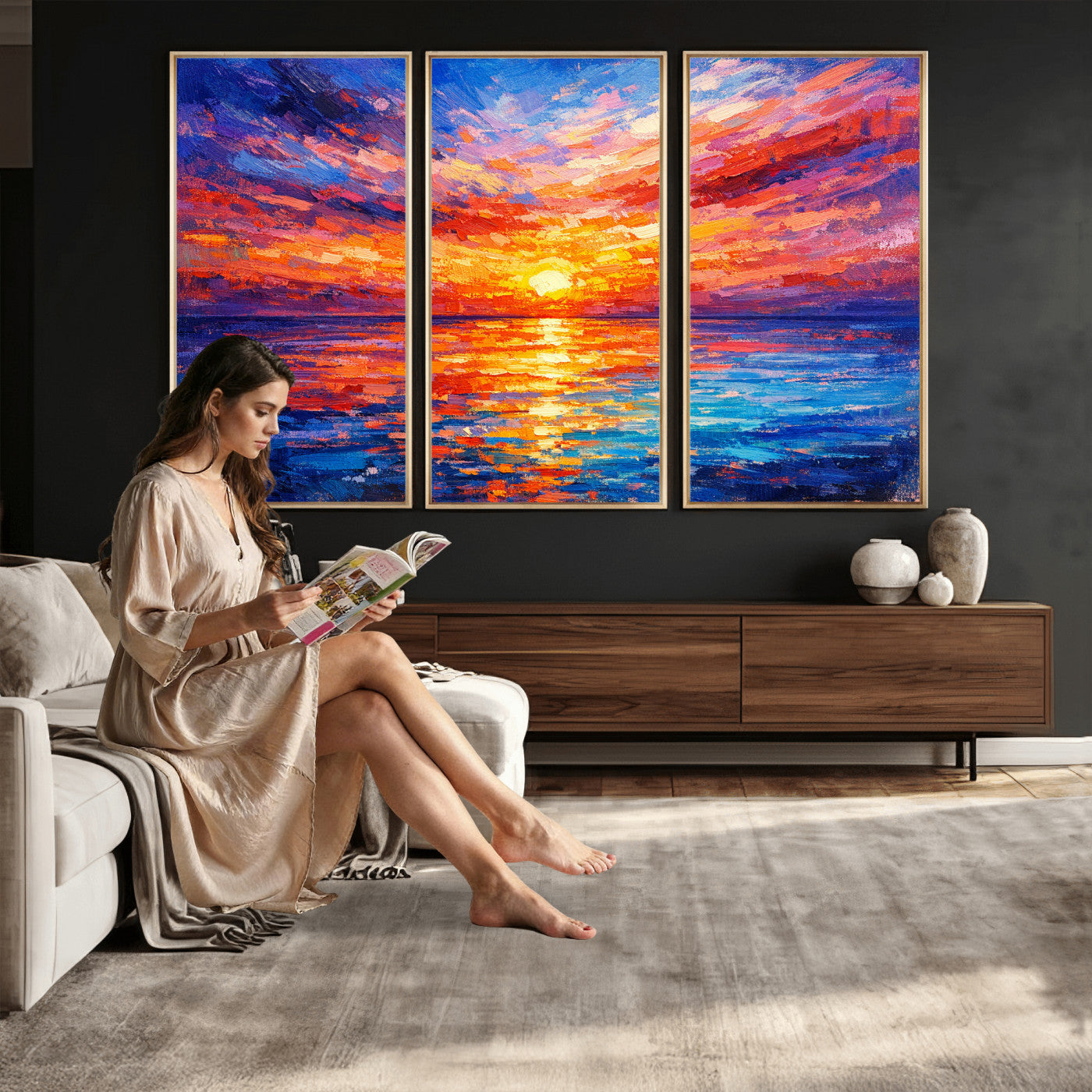 54915078-MGV-CV-36X24 - Colorful Knife Ocean Sunset Canvas — Orange Pink Teal Expressionist Sea Print | Colorful Coastal Wall Art | Vibrant Beach Decor Gift