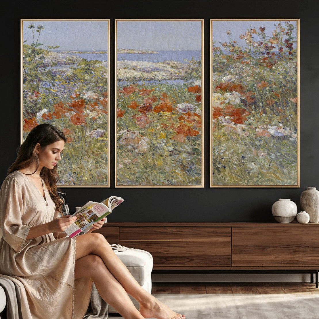 54770907-MGV-CV-36X24 - Childe Hassam Celia Thaxter Garden Canvas — 1890 American Impressionist Poppy Floral Print | Isles of Shoals Coastal Art | Classic Gift