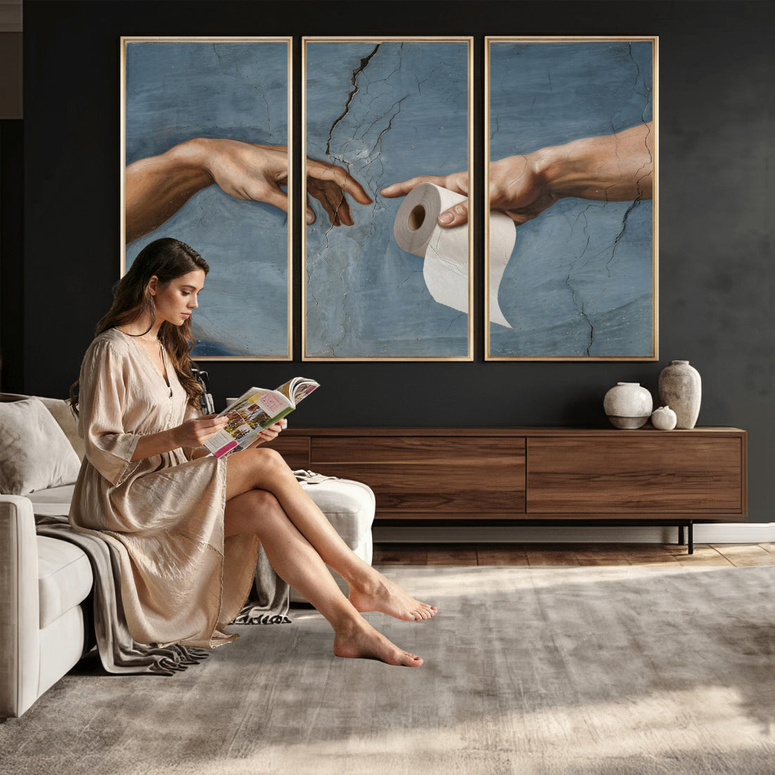 Funny Bathroom Canvas Wall Art, Michelangelo Creation of Adam Parody