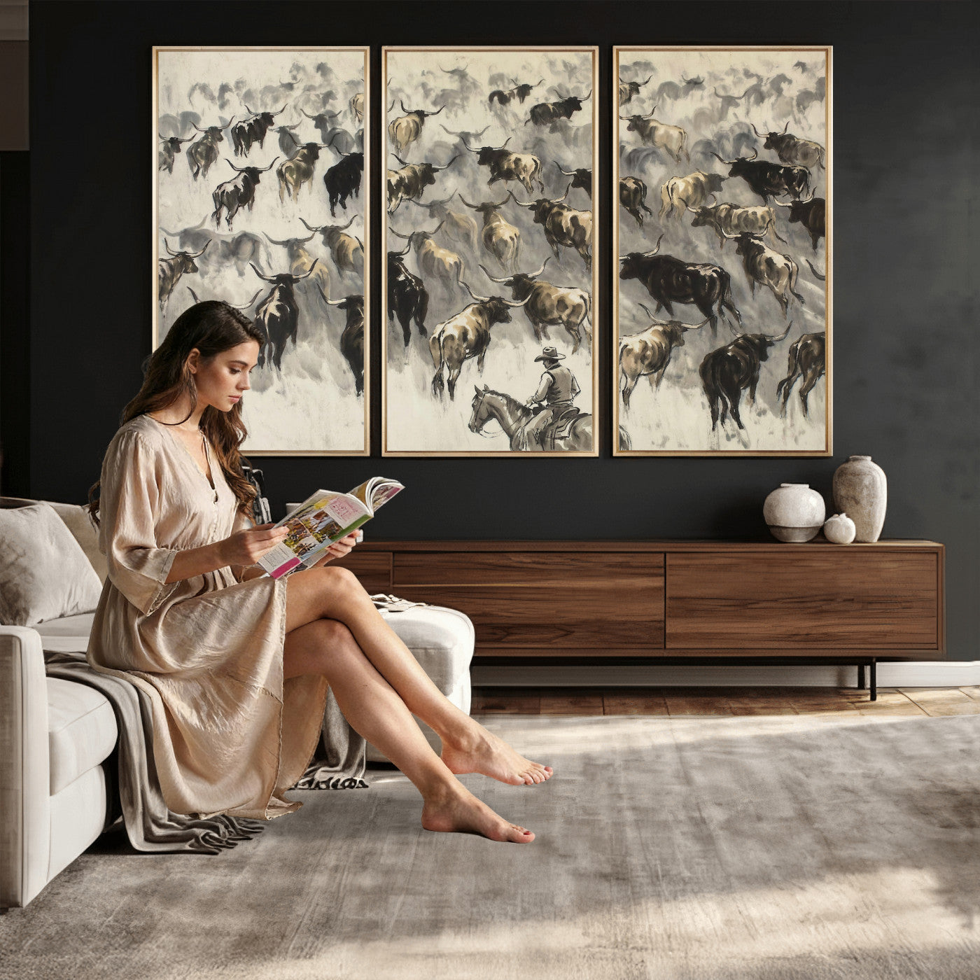 48049876-MGV-CV-36X24 - Cowboy Cattle Drive Canvas Wall Art, Western Longhorn Herd Ink Painting Print, Ranch Rodeo Decor, Black White Western Art, Large Living Room Art