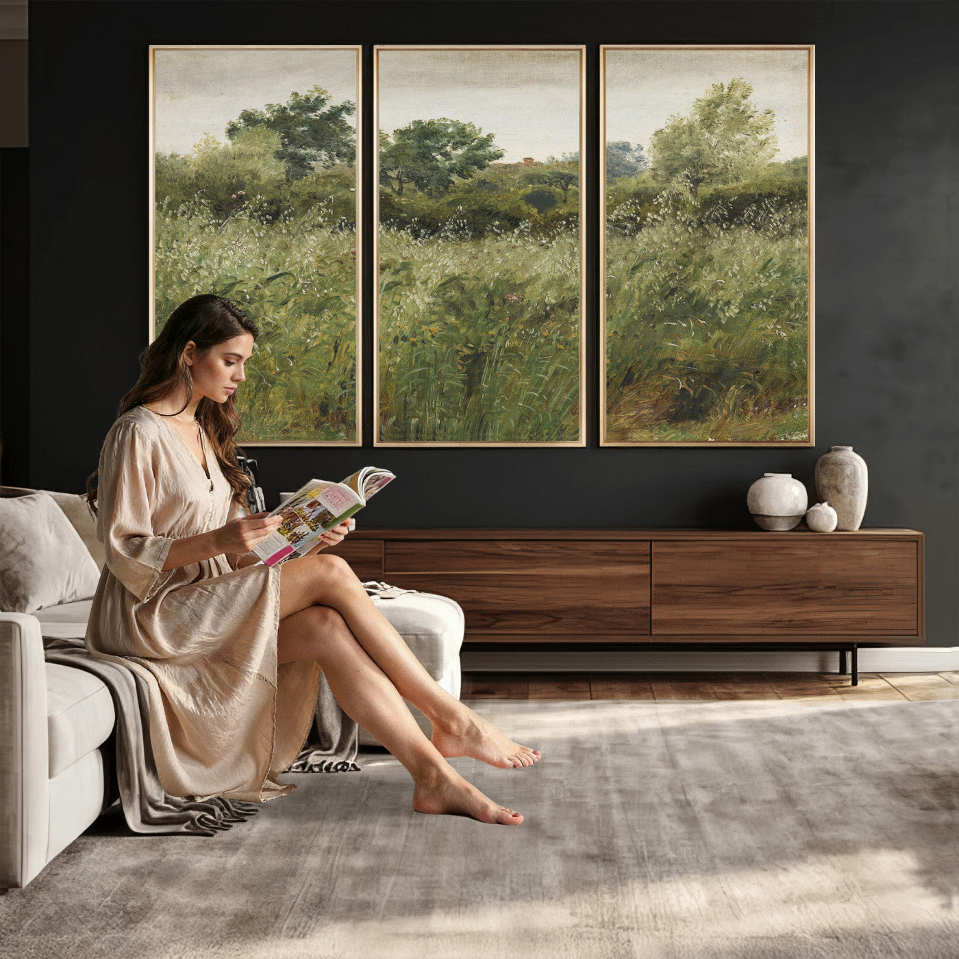 92328261-MGV-CV-36X24 - Wildflower Meadow Canvas Wall Art, Impressionist Overgrown Field Painting Print, Vintage Green Nature Decor, Cottagecore Botanical Art, Living Room Print