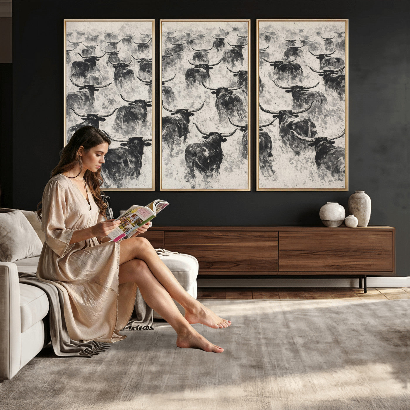 73328525-MGV-CV-36X24 - Texas Longhorn Drawing Canvas Wall Art, Western Cattle Stampede Painting Print, Warm Amber Ranch Decor, Rustic Cowboy Home Art, Large Living Room Decor