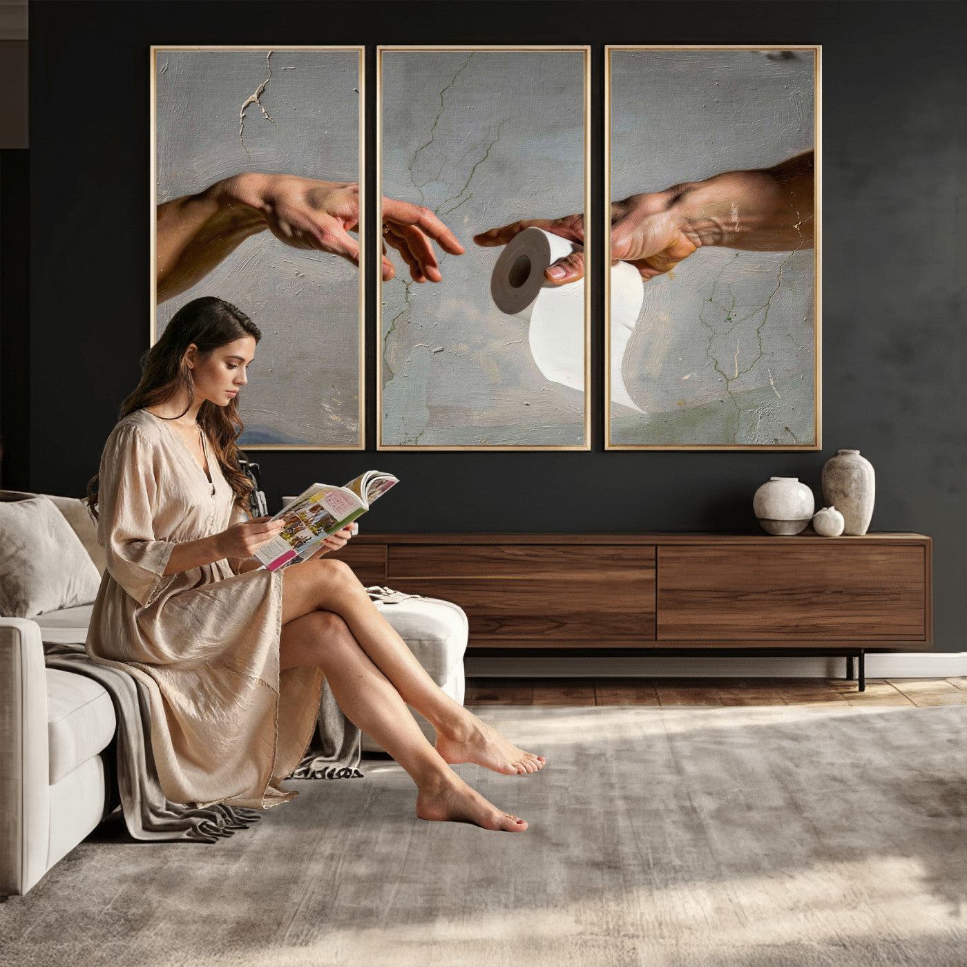 72030048-MGV-CV-36X24 - Funny Bathroom Wall Art Canvas, Creation of Toilet Paper Parody Print, Renaissance Humor Decor, Toilet Room Art, Quirky Housewarming Gift, Classic Art Spoof