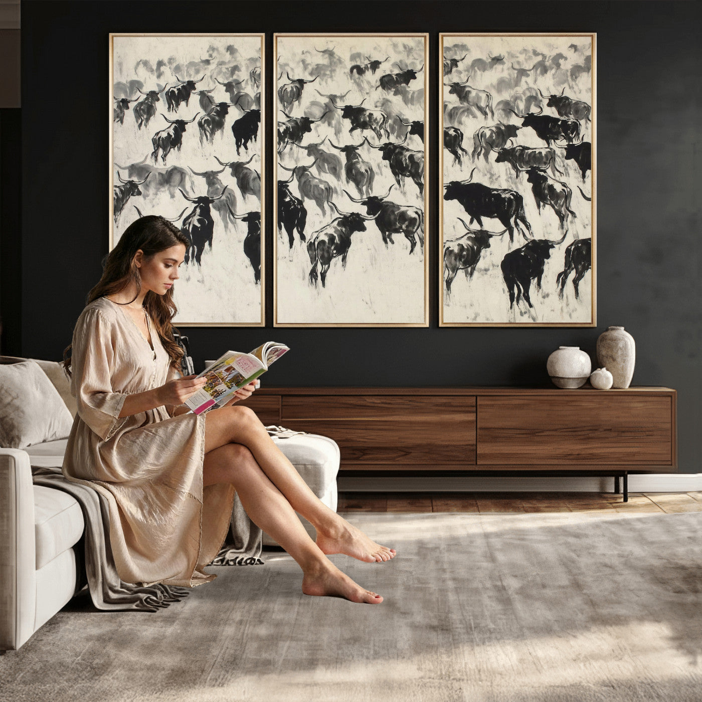 68669792-MGV-CV-36X24 - Longhorn Cattle Canvas Wall Art, Black White Stampede Ink Painting Print, Western Farmhouse Decor, Bull Herd Art, Large Living Room Wall Art, Ranch Home Decor