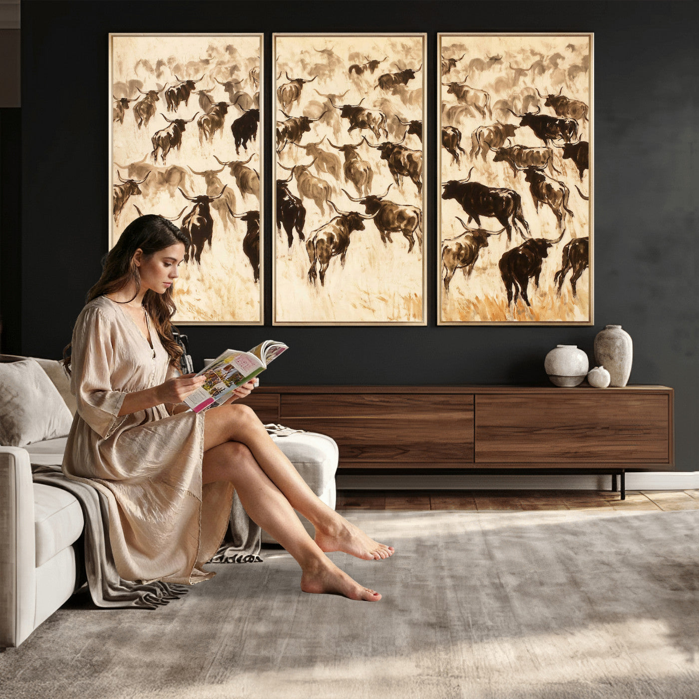 39077774-MGV-CV-36X24 - Texas Longhorn Sepia Canvas Wall Art, Western Cattle Stampede Painting Print, Warm Amber Ranch Decor, Rustic Cowboy Home Art, Large Living Room Decor