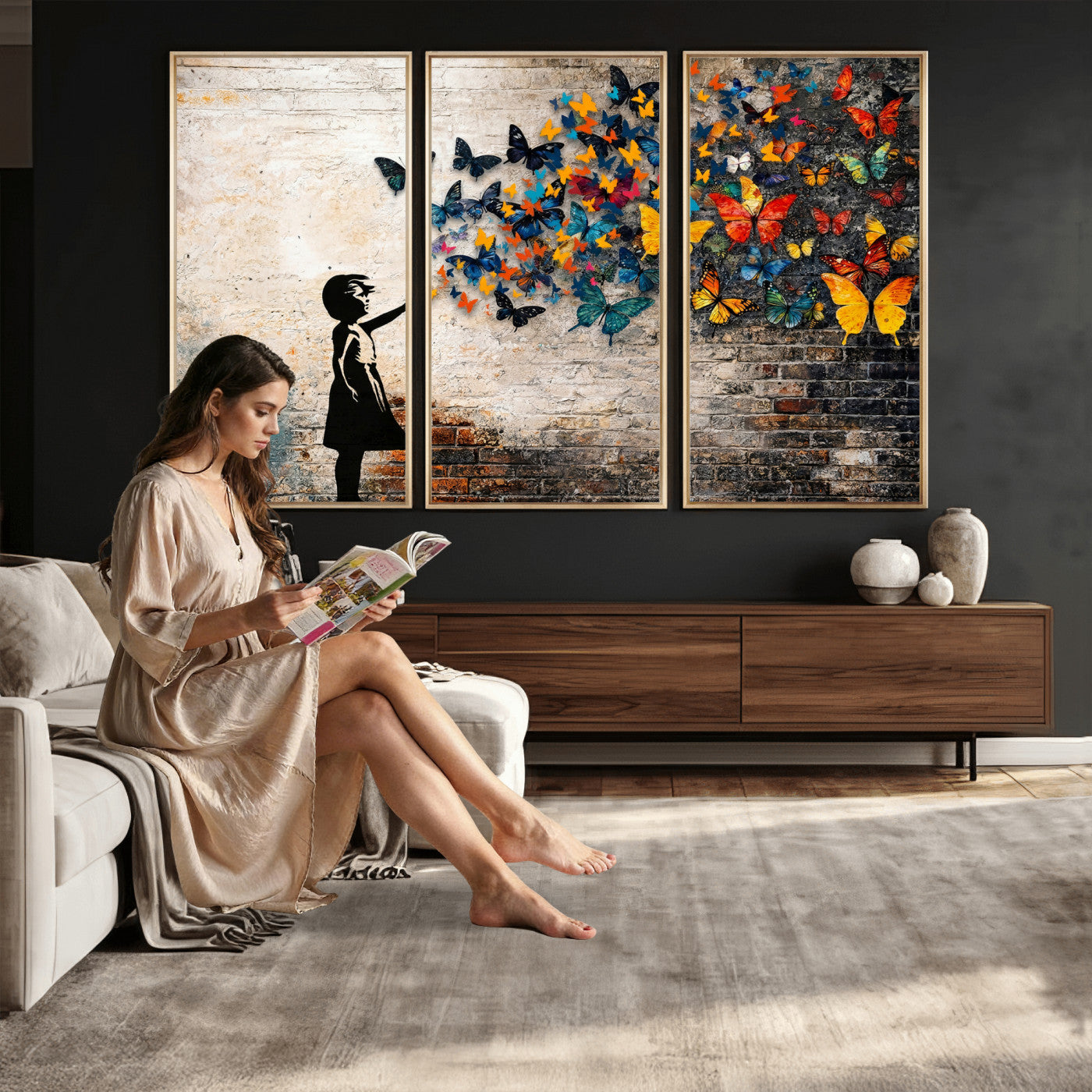 78760384-MGV-CV-36X24 - Banksy Graffiti Butterfly Girl Wall Art Canvas Print, Framed Street Art Canvas Print, Silhouette Butterfly Wall Art for Living Room Bedroom Office