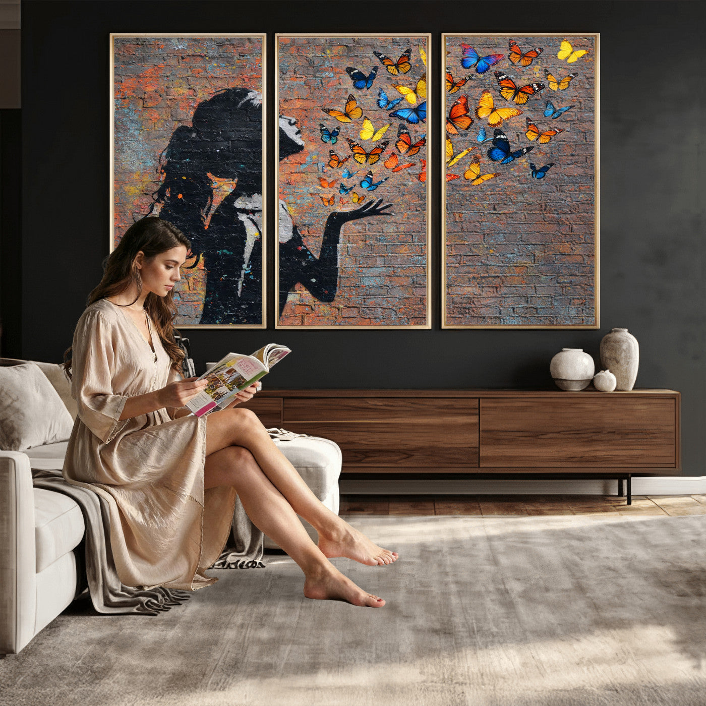 10555939-MGV-CV-36X24 - Urban Banksy Butterfly Girl Wall Art Canvas Print, Framed Street Art Canvas Print, Graffiti Silhouette Butterfly Wall Art for Living Room Bedroom Office