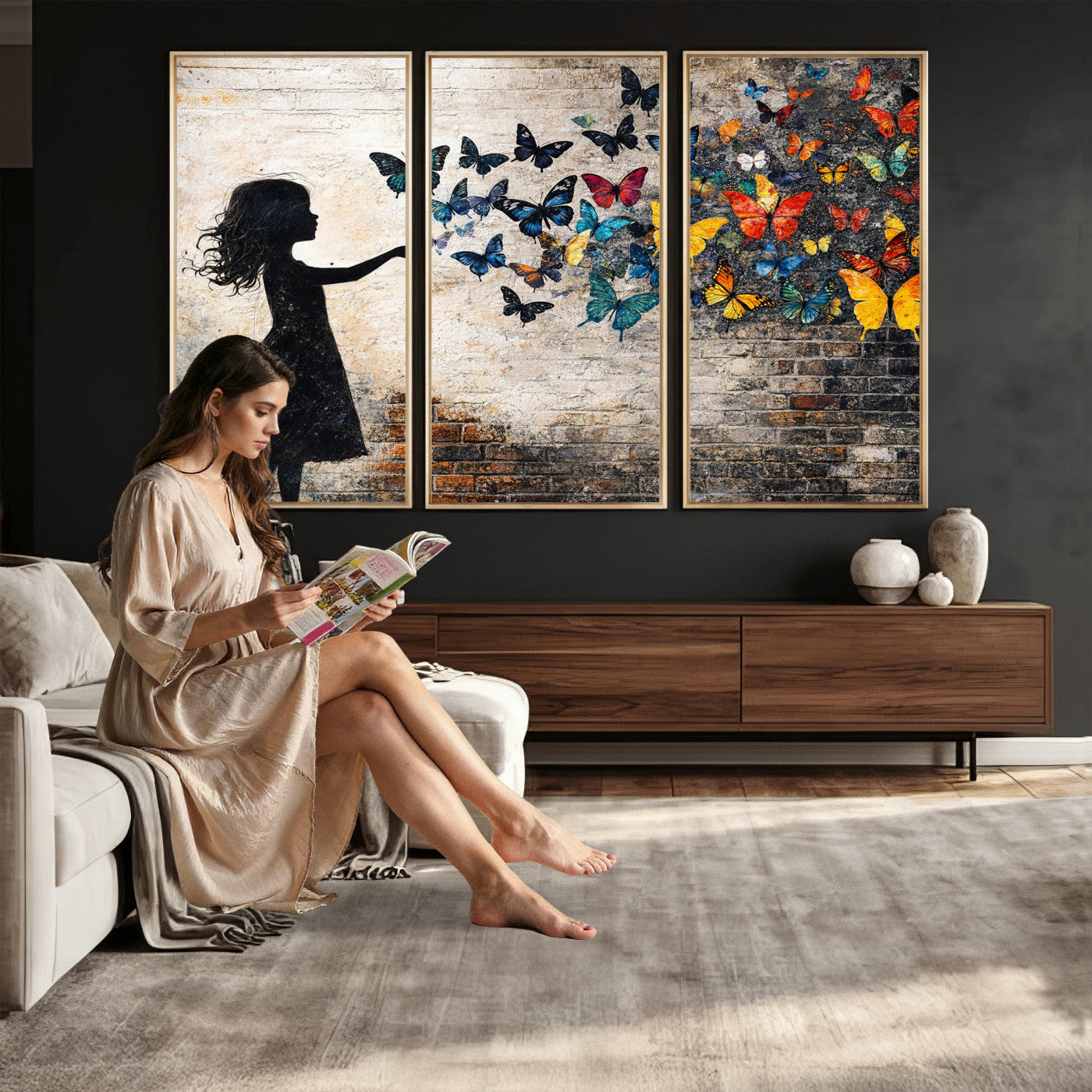 70522594-MGV-CV-36X24 - Banksy Butterfly Girl Wall Art Canvas Print, Framed Street Art Canvas Print, Graffiti Silhouette Butterfly Wall Art for Living Room Bedroom Office