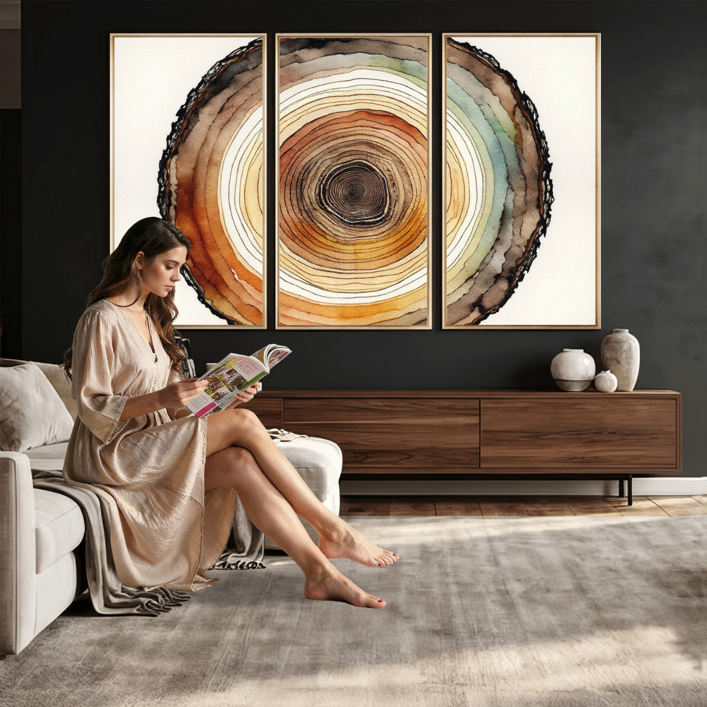 13719680-MGV-CV-36X24 - Natural Wood Slice Wall Art Canvas Print, Tree Ring Wall Art, Framed Abstract Nature Wall Decor, Earth Tone Statement Canvas Print