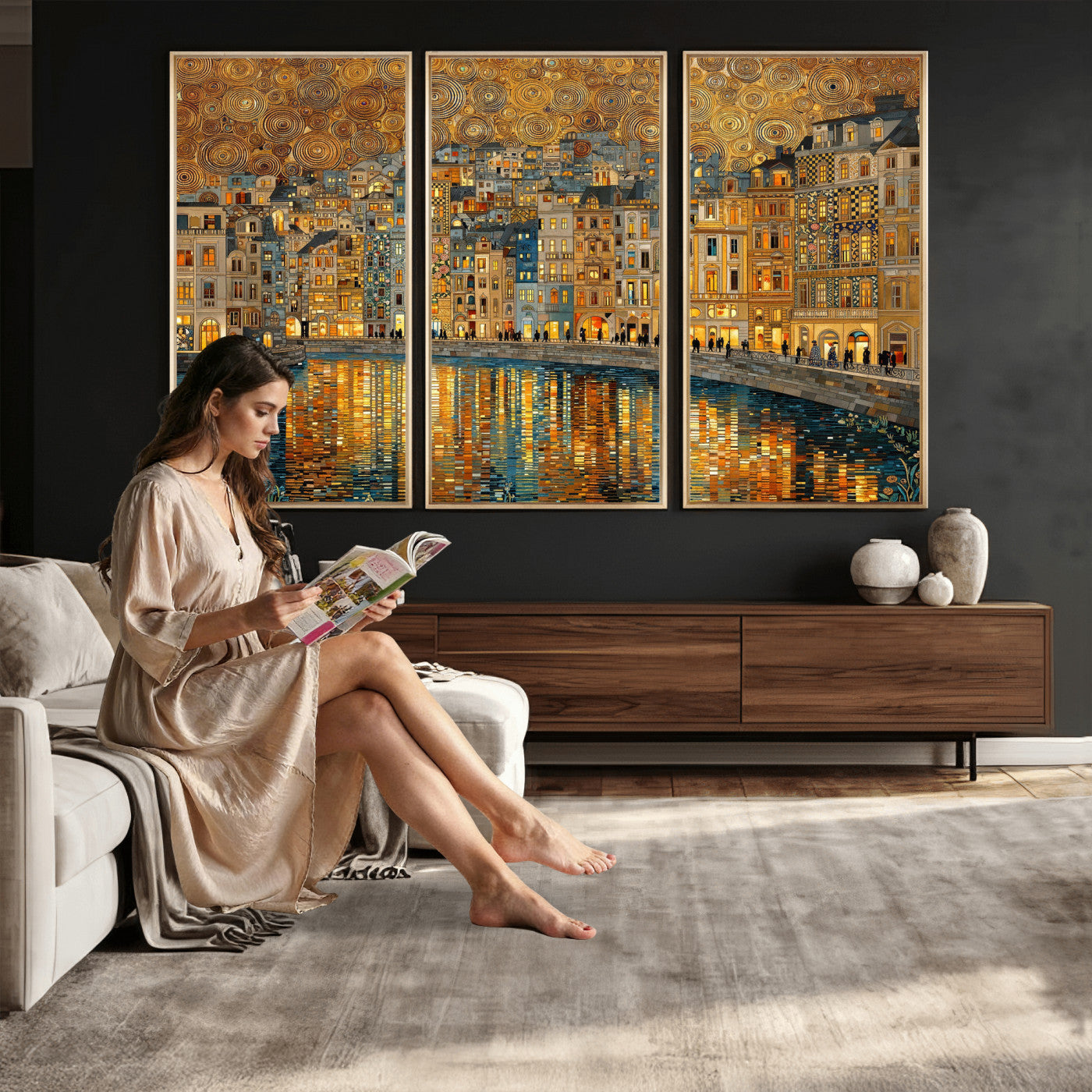 94022787-MGV-CV-36X24 - Gustav Klimt Golden Cityscape Wall Art Canvas Print, Framed River Town Landscape Artwork, Ornate Architecture Wall Decor for Living Room Bedroom Office