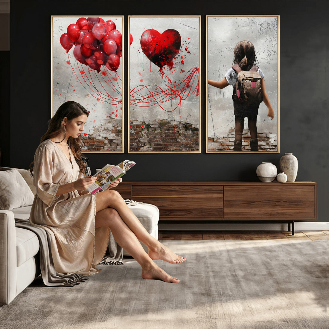 Girl Graffiti Wall Art Canvas Print, Red Balloon Heart