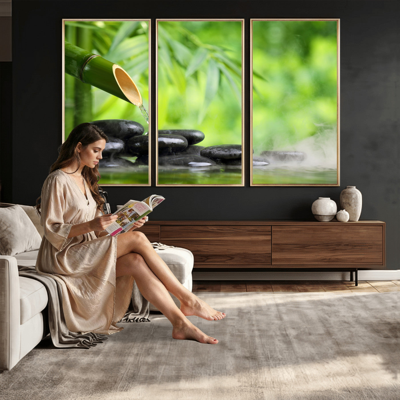 26961320-MGV-CV-36X24 - Bamboo Water Flow Black Stone Canvas | Zen Spa Nature Photography Print | Green Mist Japanese Garden Wall Art | Tranquil Decor
