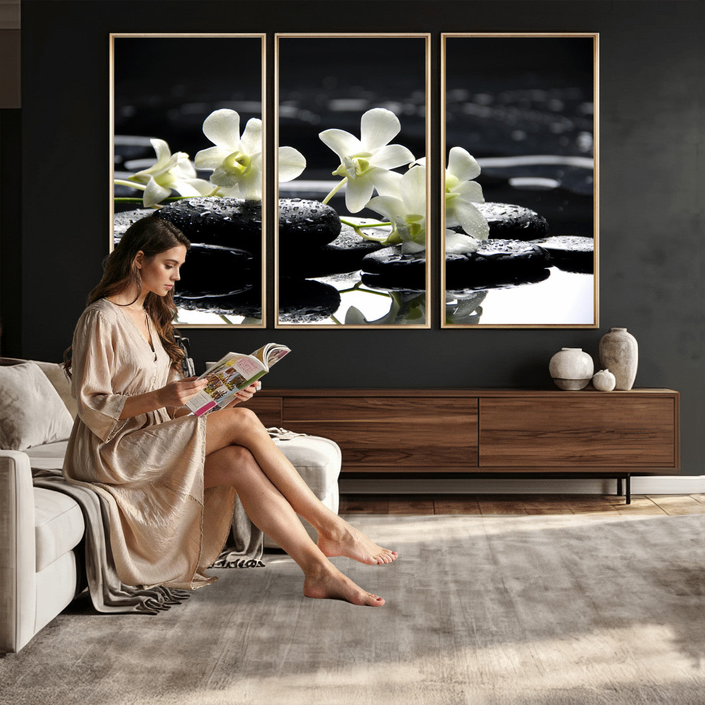 79486206-MGV-CV-36X24 - Plumeria Frangipani Black Stone Canvas | White Flower Spa Photography Print | Tropical Zen Wall Art | Grey Pebble Floral for Meditation Room Decor