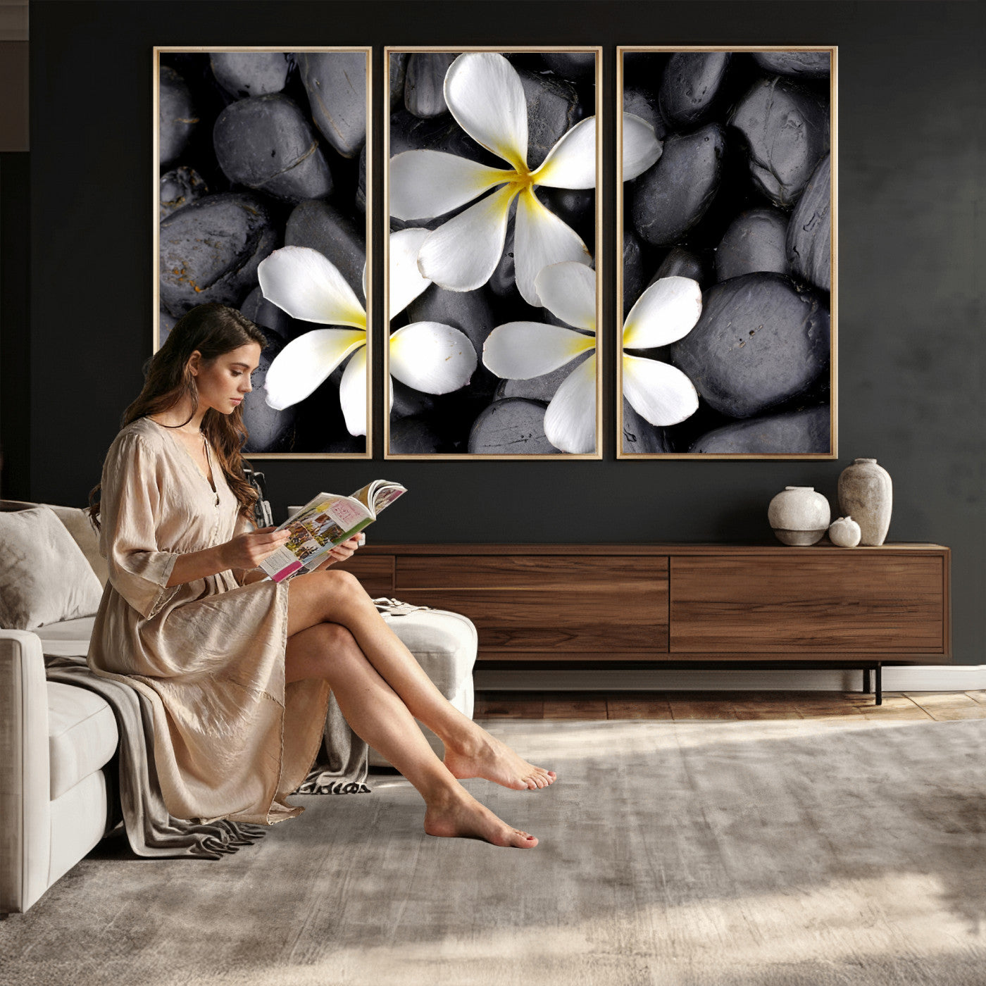 43639613-MGV-CV-36X24 - Plumeria Frangipani Black Stone Canvas | White Flower Spa Photography Print | Tropical Zen Wall Art | Grey Pebble Floral Decor
