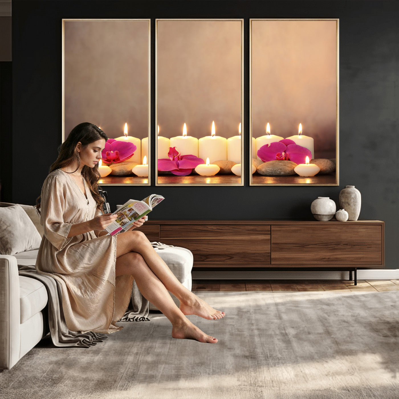 59470569-MGV-CV-36X24 - Spa Candles Orchid Canvas Print | Zen Wellness Relaxation Wall Art | Pink Flower Candlelight Bathroom Decor | Calm Beige Photography