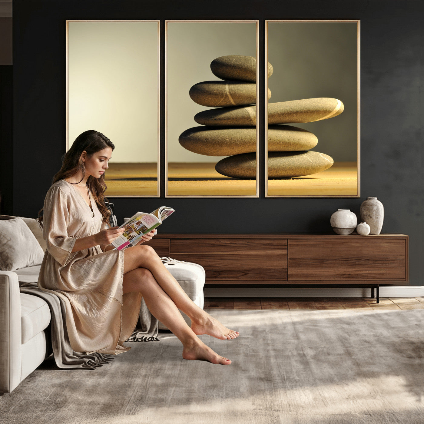 85424263-MGV-CV-36X24 - Zen Stone Wall Art Canvas Print, Balanced Rock Stack Framed Spa Artwork, Minimalist Meditation Decor for Living Room Bedroom Office Bathroom