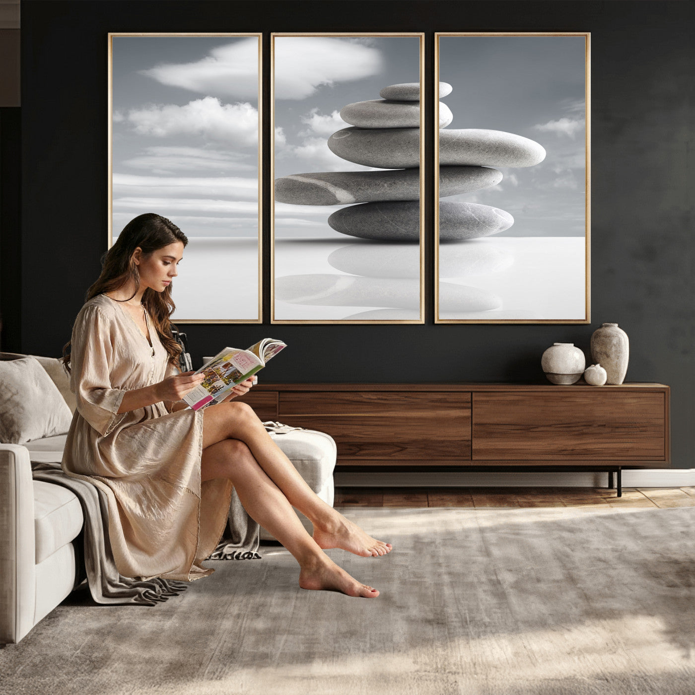 86426188-MGV-CV-36X24 - Zen Stone Wall Art Canvas Print, Balanced Rock Stack Framed Spa Artwork, Minimalist Meditation Decor for Living Room Bedroom Office Bathroom