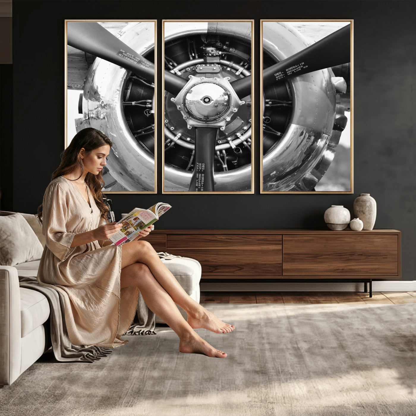 73322230-MGV-CV-36X24 - Vintage Propeller Plane Wall Art Canvas Print, Black and White Airplane Engine Close Up Framed Aviation Artwork for Pilot Office Hangar Decor