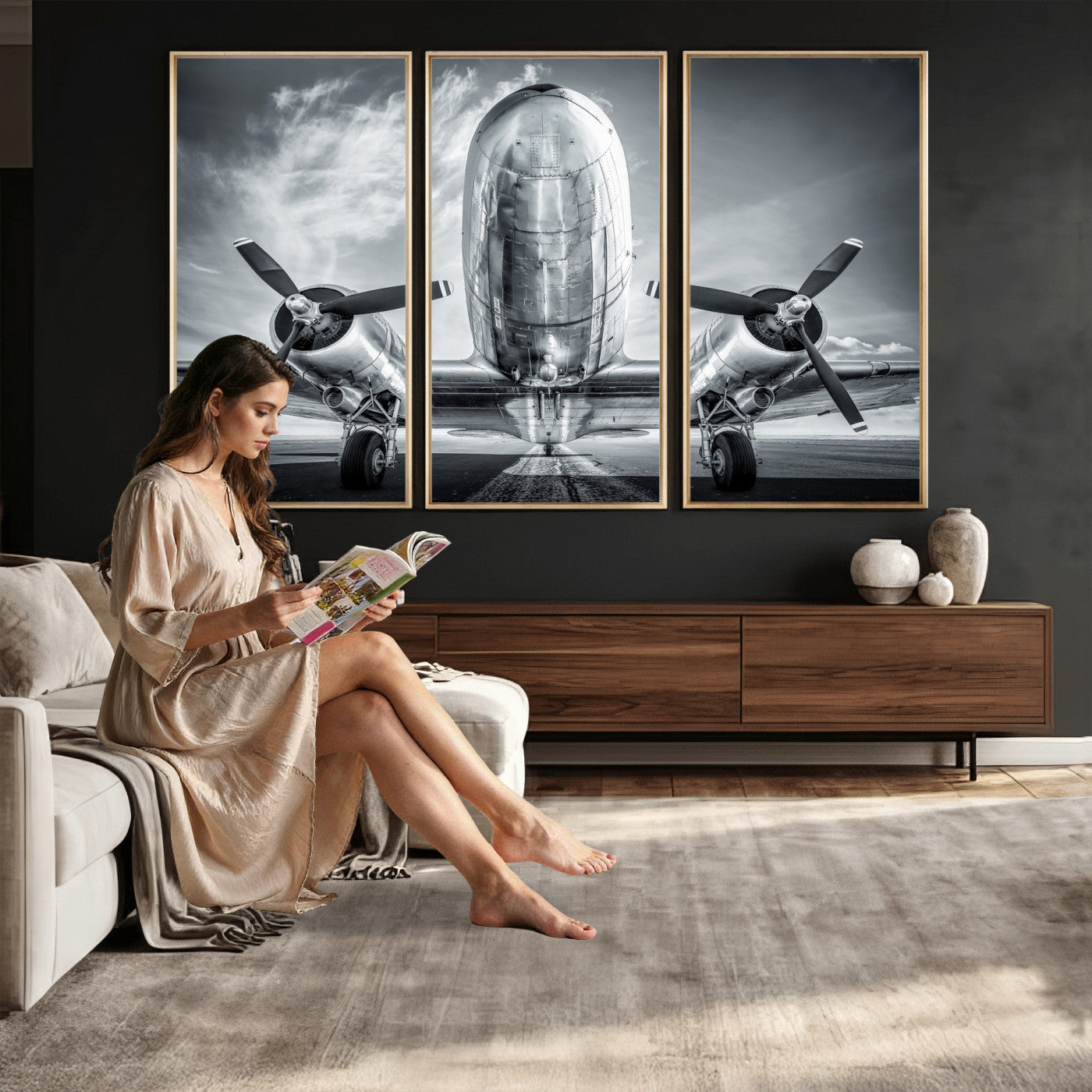 59729636-MGV-CV-36X24 - Vintage Propeller Plane Wall Art Canvas Print, Black and White Airplane Engine Close Up Framed Aviation Artwork for Pilot Office Hangar Decor