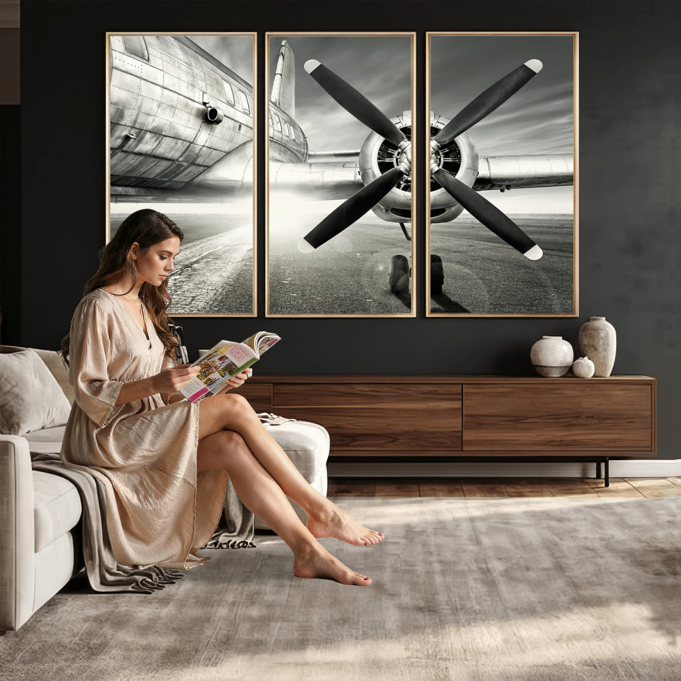 16420255-MGV-CV-36X24 - Vintage Airplane Wall Art Canvas Print, Black and White Propeller Aircraft Framed Aviation Artwork for Pilot Office Hangar Living Room Decor