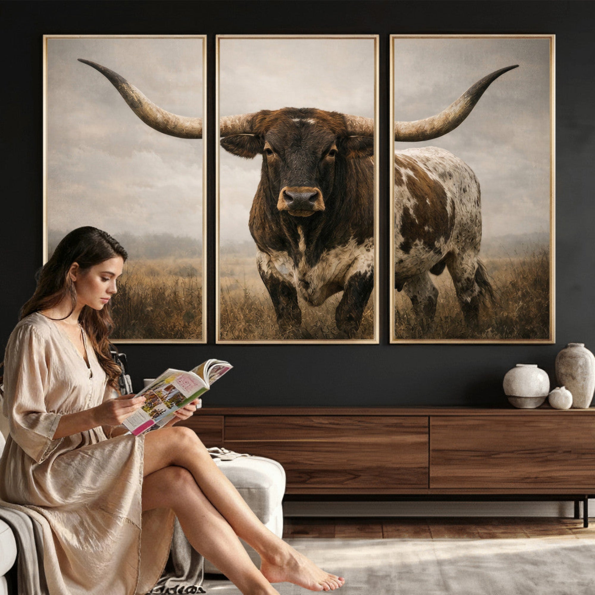 17622011L-MGV-CV-36X24 - Longhorn Bull Wall Art Canvas Print, Western Farmhouse Cowboy Decor, Rustic Texas Ranch Cattle Artwork for Living Room Bedroom Office, Framed Wall Decor