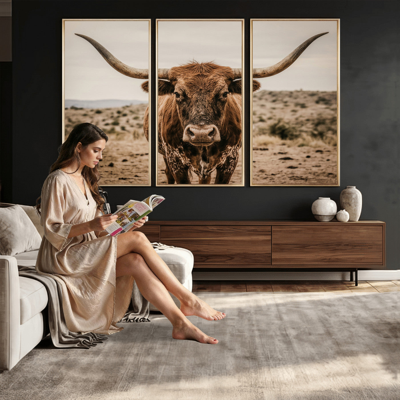 17622011K-MGV-CV-36X24 - Texas Longhorn Bull Wall Art Canvas Print, Western Farmhouse Cowboy Decor, Rustic Texas Ranch Cattle Artwork for Living Room Bedroom Office, Framed Wall Decor
