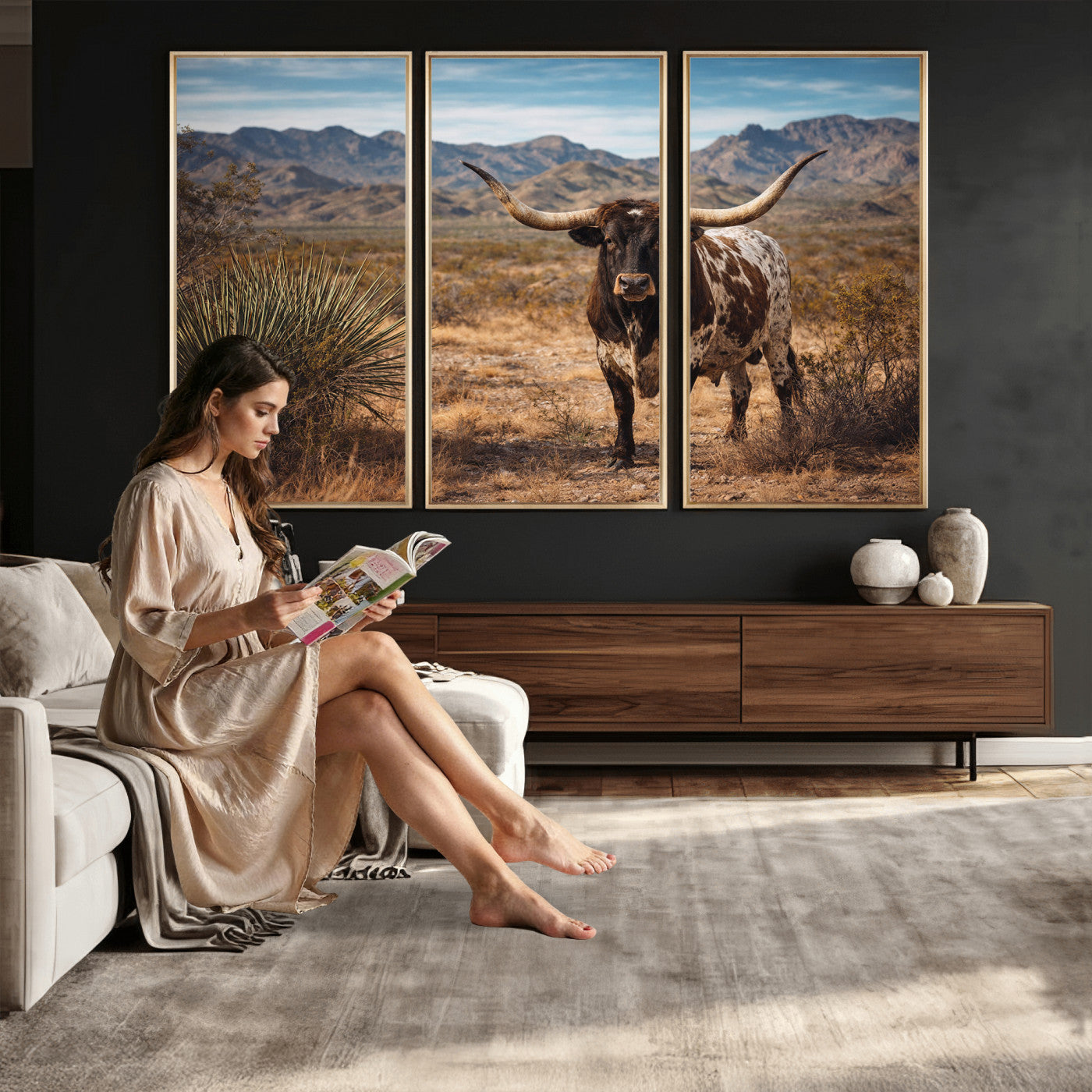 17622011S-MGV-CV-36X24 - Texas Longhorn Bull Wall Art Canvas Print, Western Farmhouse Cowboy Decor, Rustic Texas Ranch Cattle Artwork for Living Room Bedroom Office, Framed Wall Decor