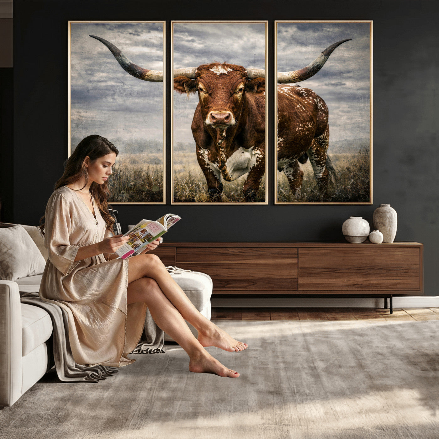 14372769-MGV-CV-36X24 - Texas Longhorn Canvas Wall Art Western Bull Desert Moody Grey Overcast Rustic Farmhouse Framed Large for Living Room Bedroom Office Decor