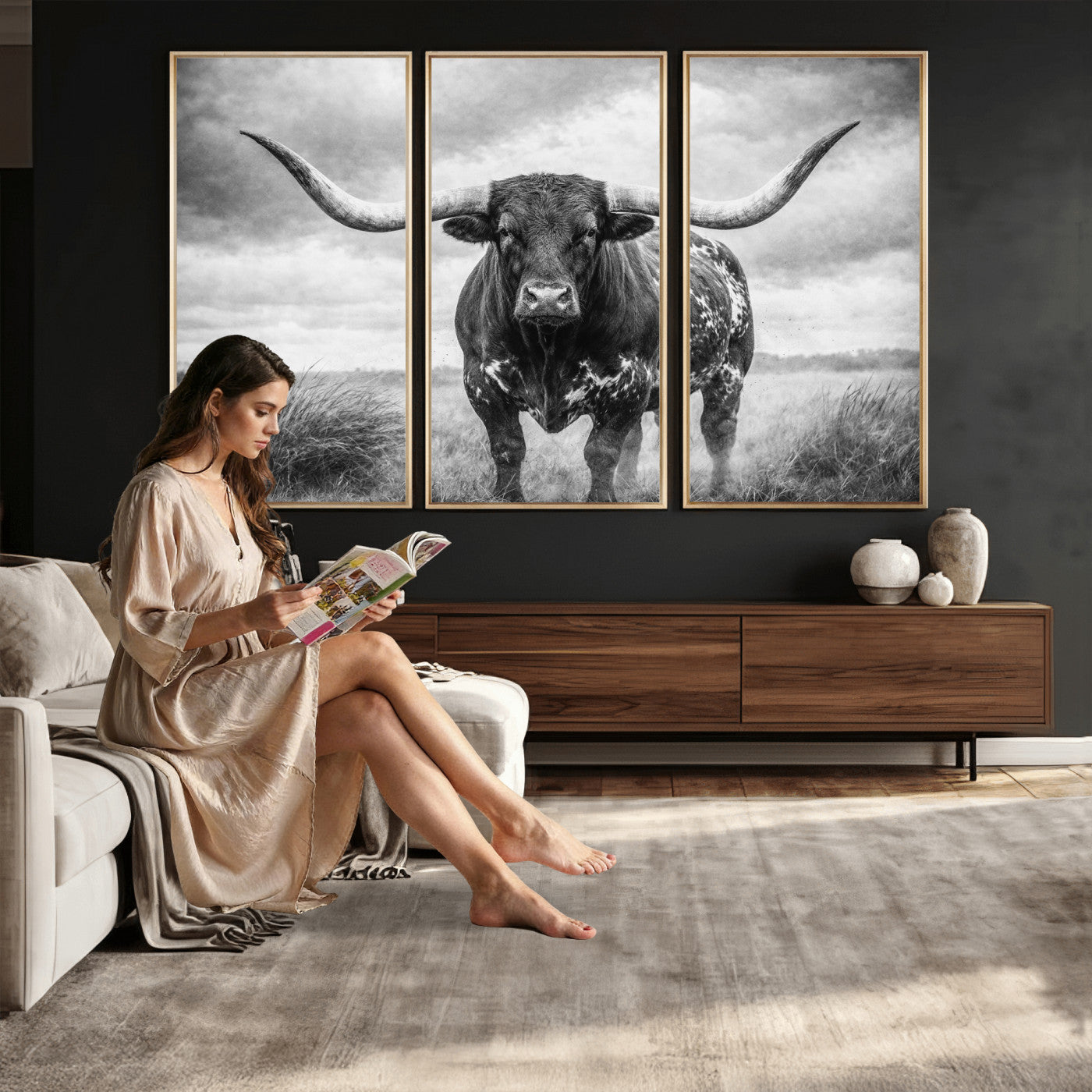 19951238-MGV-CV-36X24 - Texas Longhorn Canvas Wall Art Western Bull Desert Moody Grey Overcast Rustic Farmhouse Framed Large for Living Room Bedroom Office Decor