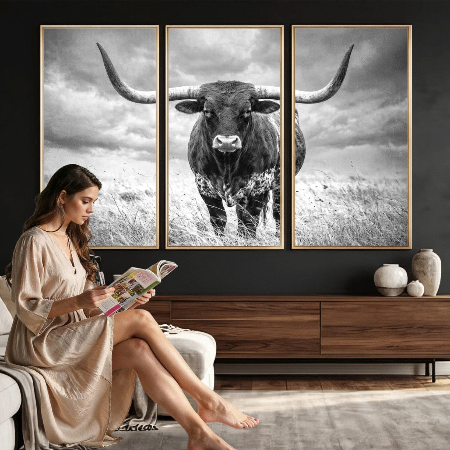 63336115-MGV-CV-36X24 - Texas Longhorn Canvas Wall Art Western Bull Desert Moody Grey Overcast Rustic Farmhouse Framed Large for Living Room Bedroom Office Decor