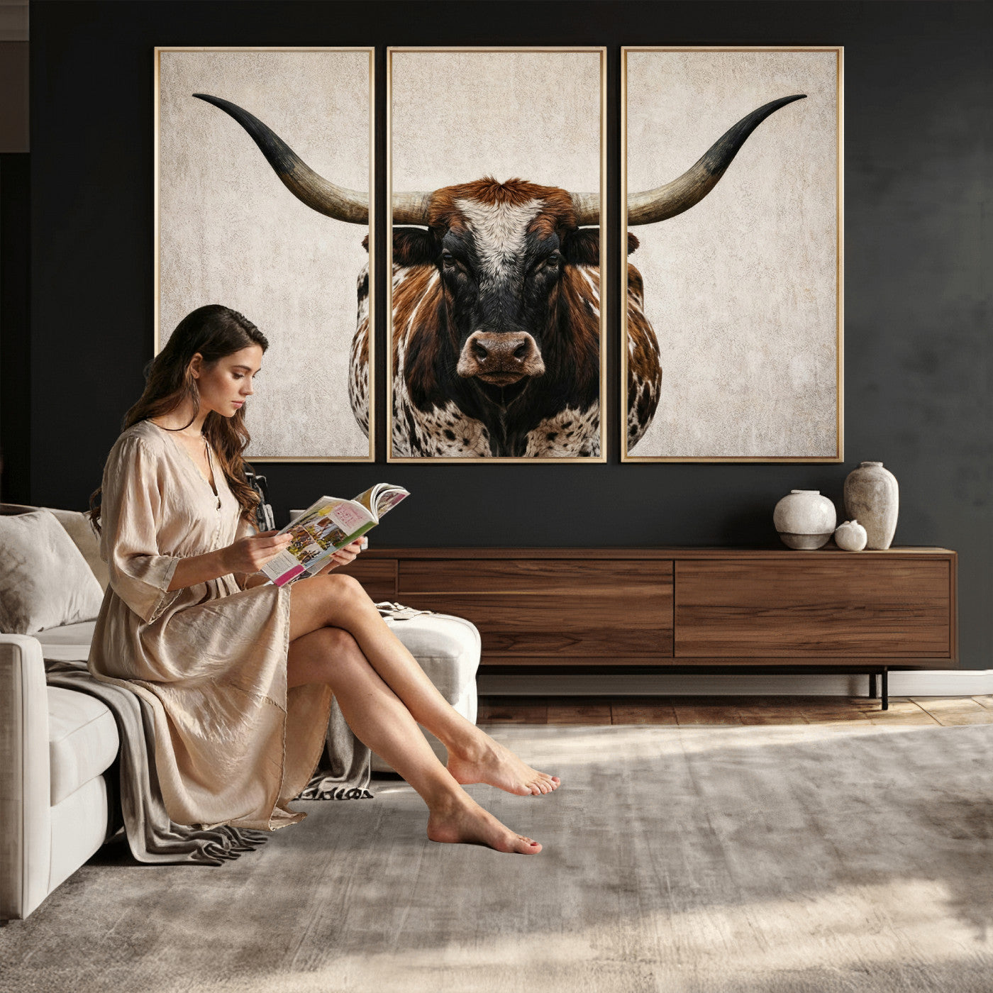 58622065-MGV-CV-36X24 - Texas Longhorn Canvas Wall Art Western Bull Desert Moody Grey Overcast Rustic Farmhouse Framed Large for Living Room Bedroom Office Decor