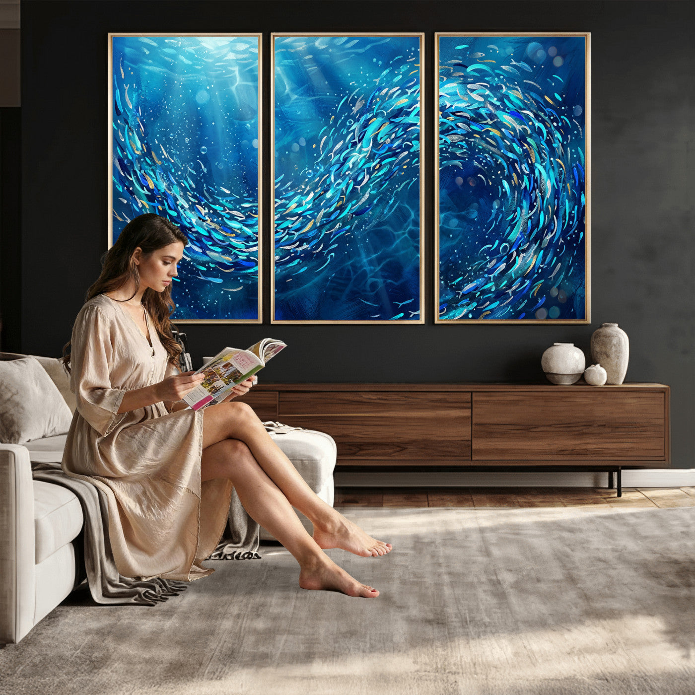 54535639-MGV-CV-36X24 - School of Fish Canvas Print | Blue Ocean Underwater Wall Art | Swirling Fish Shoal Illustration | Marine Navy Coastal Decor
